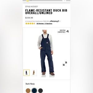NWT Carhartt FR Duck Bib Overall Unlined 42x30